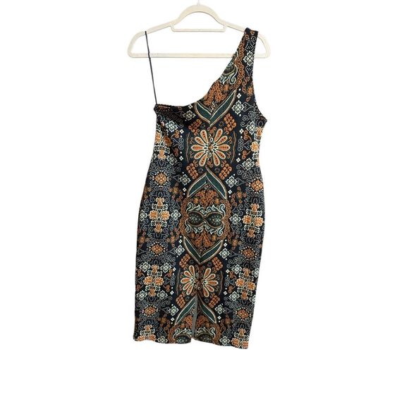 Anthropologie One Shoulder Jacquard Midi Dress Sz MP NEW Black Golden Yellow - Picture 5 of 11